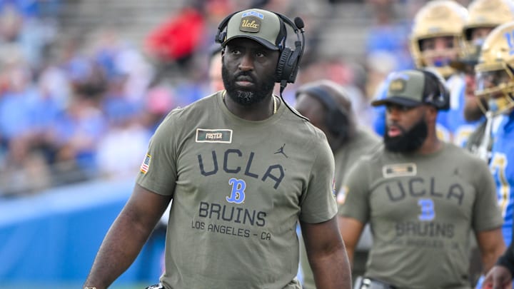 Nov 30, 2024; Pasadena, California, USA; UCLA Bruins head coach DeShaun Foster on the sidelines during the third quarter against the Fresno State Bulldogs at Rose Bowl. Mandatory Credit: Robert Hanashiro-Imagn Images