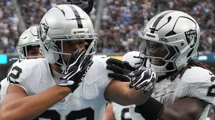 Sep 20, 2026; Inglewood, California, USA; Las Vegas Raiders wide receiver Corey Rucker (82) and Las Vegas Raiders running back Ashton Jeanty (2) celebrate after a touchdown against the Los Angeles Chargers during the second half at SoFi Stadium. Mandatory Credit: Kirby Lee-Imagn Images Sep 20, 2026; Inglewood, California, USA; Las Vegas Raiders wide receiver Corey Rucker (82) and Las Vegas Raiders running back Ashton Jeanty (2) celebrate after a touchdown against the Los Angeles Chargers during the second half at SoFi Stadium. Mandatory Credit: Kirby Lee-Imagn Images