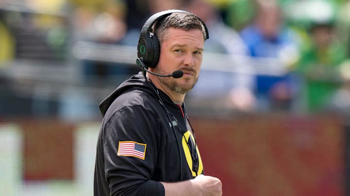 Oregon coach Dan Lanning oversees his team as the Fighting Ducks face off against Mighty Oregon in the Oregon Ducks spring game on April 26, 2025, at Autzen Stadium in Eugene.