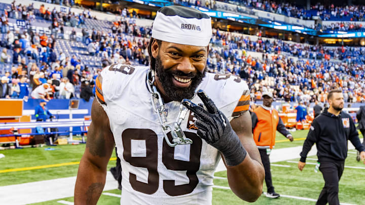 Oct 22, 2023; Indianapolis, Indiana, USA; Cleveland Browns defensive end Za'Darius Smith (99) after the game against the Indianapolis Colts at Lucas Oil Stadium. Mandatory Credit: Trevor Ruszkowski-Imagn Images