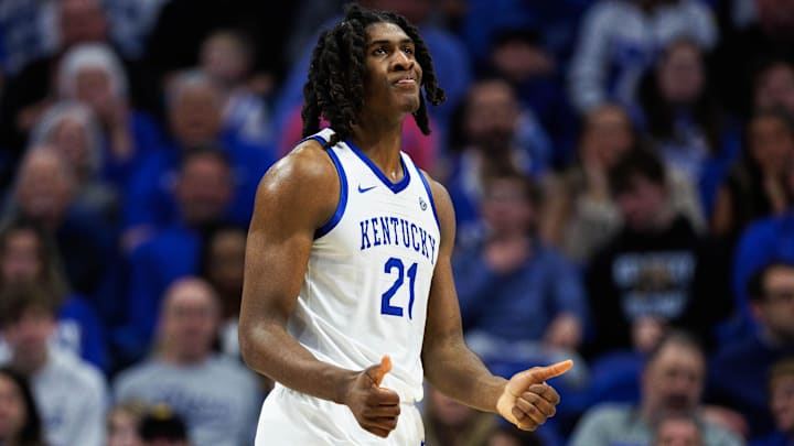Jan 7, 2026; Lexington, Kentucky, USA; Kentucky Wildcats forward Jayden Quaintance (21) reacts during the second half against the Missouri Tigers at Rupp Arena at Central Bank Center. Mandatory Credit: Jordan Prather-Imagn Images Jan 7, 2026; Lexington, Kentucky, USA; Kentucky Wildcats forward Jayden Quaintance (21) reacts during the second half against the Missouri Tigers at Rupp Arena at Central Bank Center. Mandatory Credit: Jordan Prather-Imagn Images