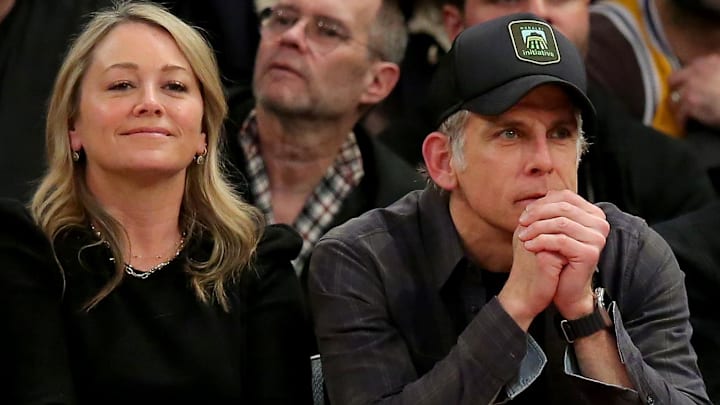 Jan 31, 2023; New York, New York, USA; American actor and director Ben Stiller (middle) and New York Giants quarterback Daniel Jones (right) sit courtside during the second quarter at Madison Square Garden. Mandatory Credit: Brad Penner-Imagn Images