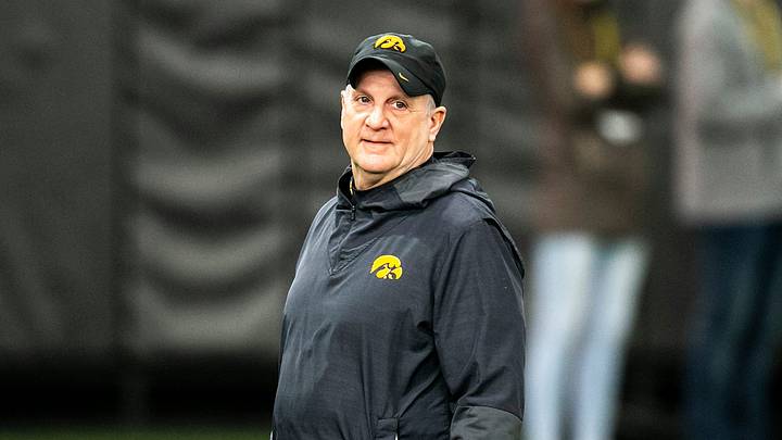 Iowa defensive coordinator Phil Parker watches during a spring NCAA football practice, Thursday, March 30, 2023, at the University of Iowa Indoor Practice Facility in Iowa City, Iowa.

230330 Iowa Spring Fb 035 Jpg