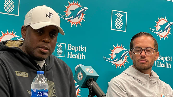 Dolphins general manager Chris Grier and coach Mike McDaniel