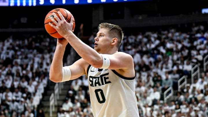 Michigan State's Jaxon Kohler makes a 3-pointer against Duke during the first half on Saturday, Dec. 6, 2025, at the Breslin Center in East Lansing. Michigan State's Jaxon Kohler makes a 3-pointer against Duke during the first half on Saturday, Dec. 6, 2025, at the Breslin Center in East Lansing.