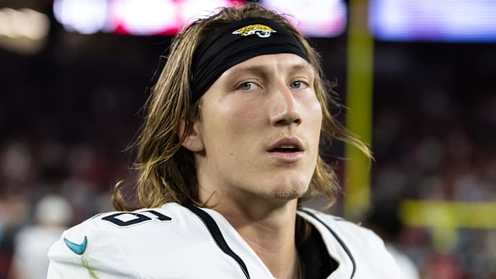Nov 23, 2025; Glendale, Arizona, USA; Jacksonville Jaguars quarterback Trevor Lawrence (16) against the Arizona Cardinals at State Farm Stadium. Mandatory Credit: Mark J. Rebilas-Imagn Images