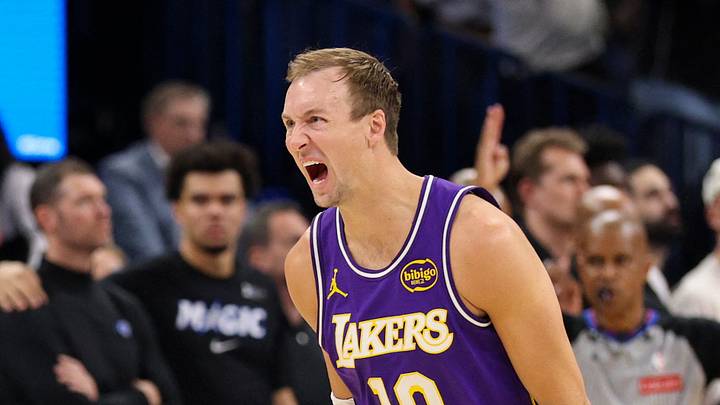 Orlando, Florida, USA; Los Angeles Lakers guard Luke Kennard (10) reacts after hitting a game winning basket at the buzzer against the Orlando Magic in the fourth quarter at Kia Center on Mar 21, 2026. Orlando, Florida, USA; Los Angeles Lakers guard Luke Kennard (10) reacts after hitting a game winning basket at the buzzer against the Orlando Magic in the fourth quarter at Kia Center on Mar 21, 2026.