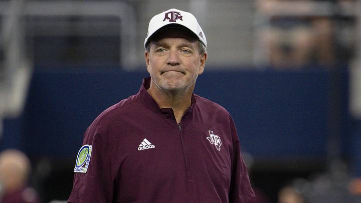 Texas A&M Aggies head coach Jimbo Fisher before the game between the Texas A&M Aggies and the Arkansas Razorbacks at AT&T Stadium. 