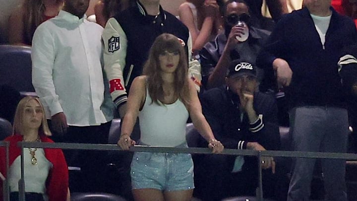 Feb 9, 2025; New Orleans, LA, USA; Recording artist Taylor Swift watches the first half of Super Bowl LIX between the Kansas City Chiefs and the Philadelphia Eagles at Caesars Superdome. Mandatory Credit: Geoff Burke-Imagn Images