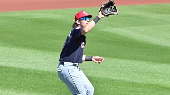 Feb 29, 2024; Tempe, Arizona, USA;  Cleveland Guardians right fielder Chase DeLauter (6) catches a fly ball in the third inning against the Los Angeles Angels during a spring training game at Tempe Diablo Stadium. Mandatory Credit: Matt Kartozian-Imagn Images
