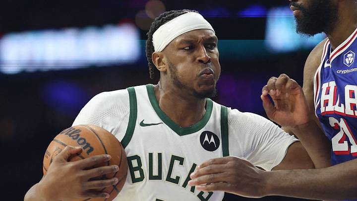 Jan 27, 2026; Philadelphia, Pennsylvania, USA; Milwaukee Bucks center Myles Turner (3) drives against Philadelphia 76ers center Joel Embiid (21) during the first quarter at Xfinity Mobile Arena. Mandatory Credit: Bill Streicher-Imagn Images