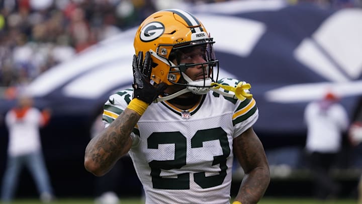 Nov 17, 2024; Chicago, Illinois, USA; Green Bay Packers cornerback Jaire Alexander (23) gestures to the fans before the game against the Chicago Bears at Soldier Field. Mandatory Credit: David Banks-Imagn Images