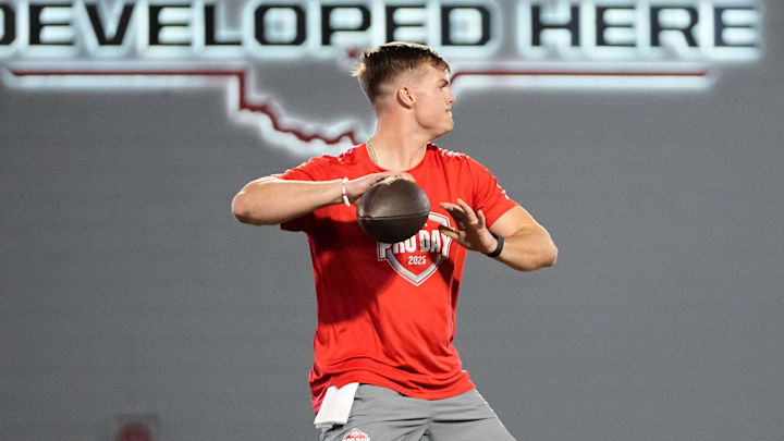 Ohio State Buckeyes quarterback Will Howard throws during the pro day for NFL scouts at the Woody Hayes Athletic Cente on March 26, 2025.