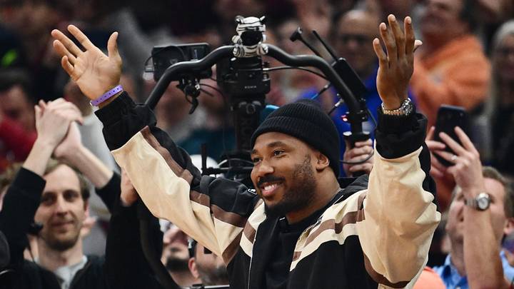 Feb 24, 2026; Cleveland, Ohio, USA; Cleveland Browns player Myles Garrett acknowledges the crowd during the first half of the game between the Cleveland Cavaliers and the New York Knicks at Rocket Arena. Mandatory Credit: Ken Blaze-Imagn Images