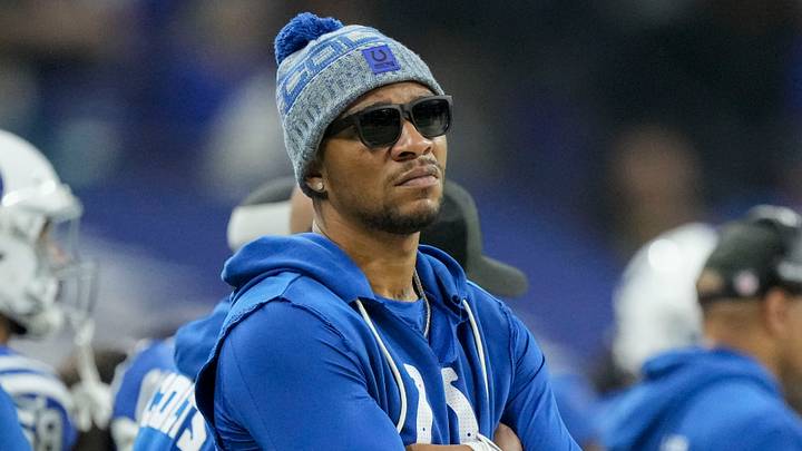 Dec 28, 2025; Indianapolis, Indiana, USA; Indianapolis Colts quarterback Anthony Richardson (5) watches the action on the field from the sidelin at Lucas Oil Stadium. Mandatory Credit: Grace Hollars-USA TODAY Network via Imagn Images