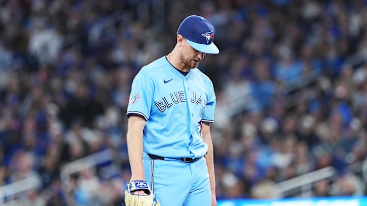 Apr 11, 2026; Toronto, Ontario, CAN; Toronto Blue Jays starting pitcher Eric Lauer (56) walks towards the dugout against the Minnesota Twins during the third inning at Rogers Centre. Mandatory Credit: Nick Turchiaro-Imagn Images