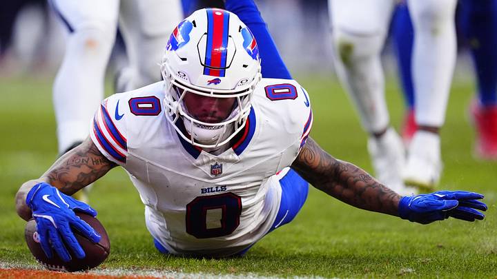 Buffalo Bills wide receiver Keon Coleman (0) scores a touchdown during the third quarter of an AFC Divisional Round playoff game against the Denver Broncos.