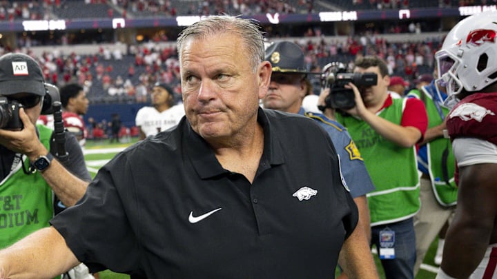 Arkansas Razorbacks coach Sam Pittman after the Aggies victory over the Arkansas Razorbacks at AT&T Stadium. 
