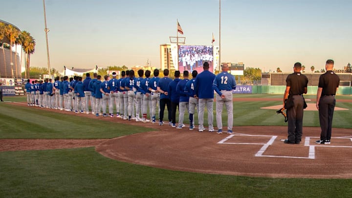 The Stockton Ports and the Rancho Cucamonga Quakes line up on the field at the start of the Ports’ home opener at the Stockton Ballpark in downtown Stockton on Apr. 8, 2025. 