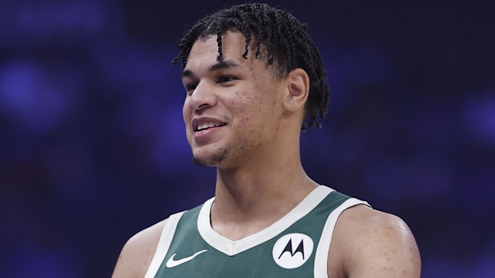 Milwaukee Bucks forward Ousmane Dieng (21) walks onto the court before the start of a game against the Oklahoma City Thunder at Paycom Center. Feb 12, 2026.