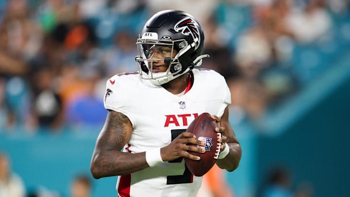 Aug 9, 2024; Miami Gardens, Florida, USA; Atlanta Falcons quarterback Michael Penix Jr. (9) drops back to pass against the Miami Dolphins in the second quarter during preseason at Hard Rock Stadium. Mandatory Credit: Nathan Ray Seebeck-Imagn Images Aug 9, 2024; Miami Gardens, Florida, USA; Atlanta Falcons quarterback Michael Penix Jr. (9) drops back to pass against the Miami Dolphins in the second quarter during preseason at Hard Rock Stadium. Mandatory Credit: Nathan Ray Seebeck-Imagn Images