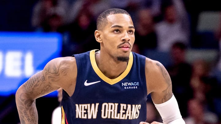 New Orleans Pelicans guard Dejounte Murray reacts to making a three-pointer against the Phoenix Suns on Dec 5, 2024.