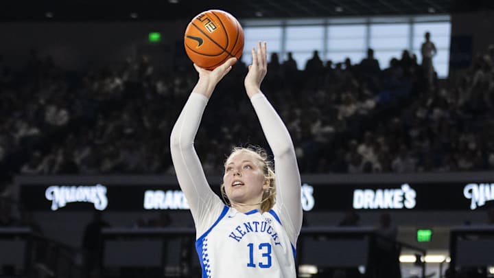 Mar 1, 2026; Lexington, Kentucky, USA; Kentucky Wildcats center Clara Strack (13) shoots a basket during the fourth quarter at Memorial Coliseum. Mandatory Credit: Arden Barnes-Imagn Images