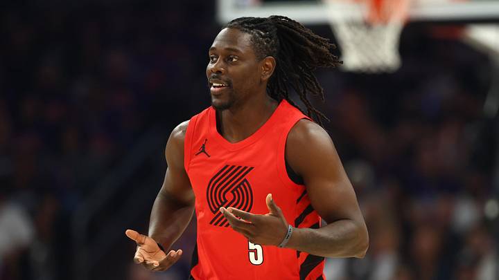 Apr 14, 2026; Phoenix, Arizona, USA; Portland Trail Blazers guard Jrue Holiday (5) reacts against the Phoenix Suns in the first half during the play-in rounds of the 2026 NBA Playoffs at Mortgage Matchup Center. Mandatory Credit: Mark J. Rebilas-Imagn Images