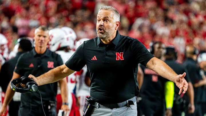 Aug 28, 2025; Kansas City, Missouri, USA; Nebraska Cornhuskers head coach Matt Rhule reacts after a call against the Cincinnati Bearcats during the fourth quarter at GEHA Field at Arrowhead Stadium.