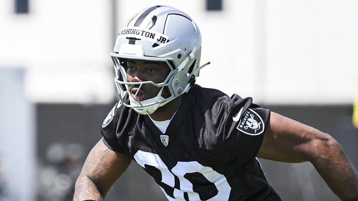 May 2, 2026; Henderson, NV, USA; Las Vegas Raiders running back Mike Washington Jr. (30) runs through a drill during a Rookie Minicamp at Intermountain Health Performance Center. Mandatory Credit: Candice Ward-Imagn Images