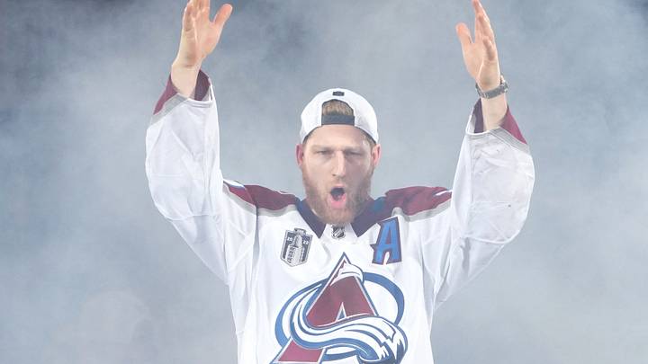 Jun 30, 2022; Denver, Colorado, USA; Colorado Avalanche center Nathan MacKinnon (29) during the Stanley Cup Championship Celebration. Mandatory Credit: Ron Chenoy-USA TODAY Sports