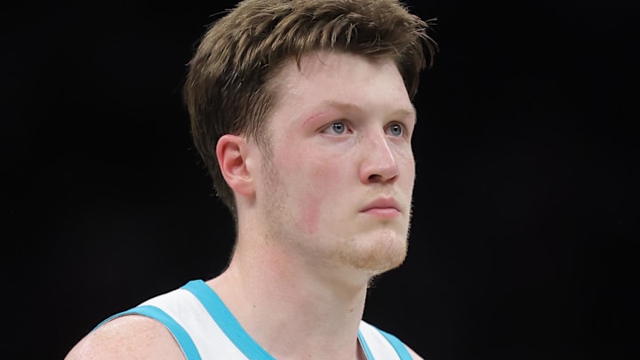 Mar 31, 2026; Brooklyn, New York, USA; Charlotte Hornets guard Kon Knueppel (7) during the fourth quarter against the Brooklyn Nets at Barclays Center. Mandatory Credit: Brad Penner-Imagn Images