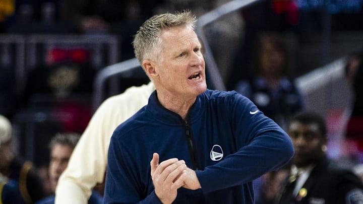 Jan 17, 2026; San Francisco, California, USA; Golden State Warriors head coach Steve Kerr reacts after a foul is called in favor of the Charlotte Hornets during the third quarter at Chase Center. Mandatory Credit: John Hefti-Imagn Images