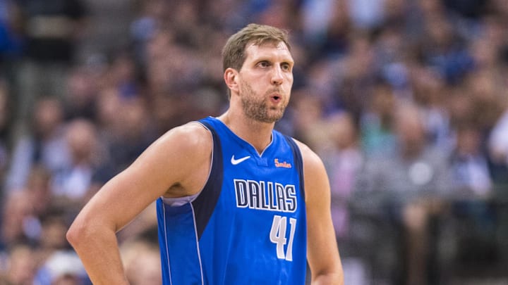 Apr 9, 2019; Dallas, TX, USA; Dallas Mavericks forward Dirk Nowitzki (41) waits for play to resume against the Phoenix Suns during the first quarter at the American Airlines Center. Mandatory Credit: Jerome Miron-Imagn Images Apr 9, 2019; Dallas, TX, USA; Dallas Mavericks forward Dirk Nowitzki (41) waits for play to resume against the Phoenix Suns during the first quarter at the American Airlines Center. Mandatory Credit: Jerome Miron-Imagn Images