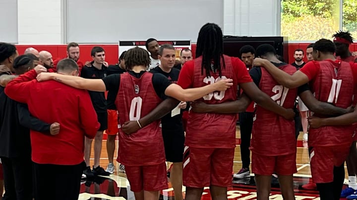 Will Wade and the N.C. State men's basketball team on Monday, Sept. 22, 2025, during the first official day of practice inside the Dail Basketball Center.