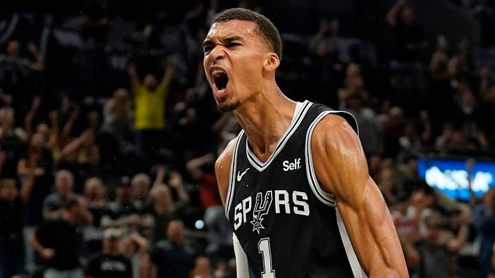 Oct 27, 2023; San Antonio, Texas, USA; San Antonio Spurs forward Victor Wembanyama (1) reacts after dunking during the second half against the Houston Rockets at Frost Bank Center. Mandatory Credit: Scott Wachter-USA TODAY Sports