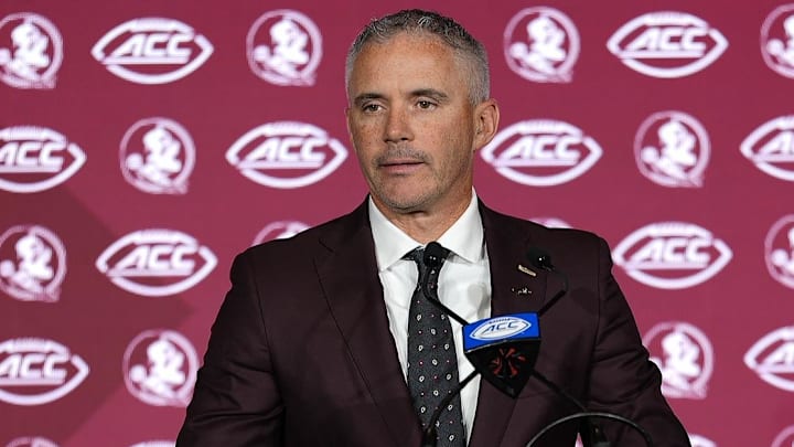 Jul 23, 2025; Charlotte, NC, USA; Florida State head coach Mike Norvell answers questions from the media during ACC Media days at Hilton Charlotte Uptown. Mandatory Credit: Jim Dedmon-Imagn Images