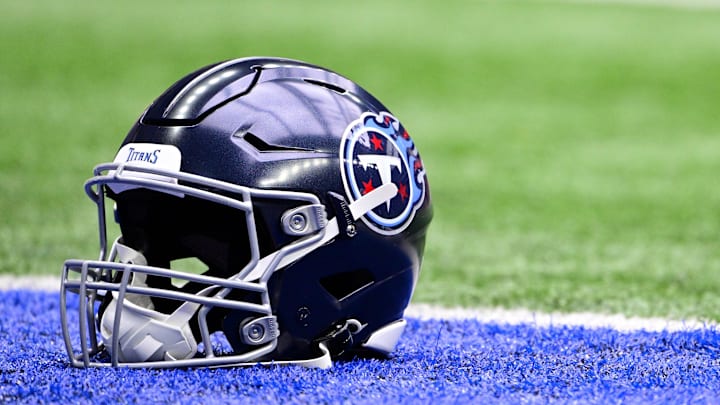 Oct 8, 2023; Indianapolis, Indiana, USA;  A Tennessee Titans helmet sits in the end zone before the game against the Indianapolis Colts at Lucas Oil Stadium. 