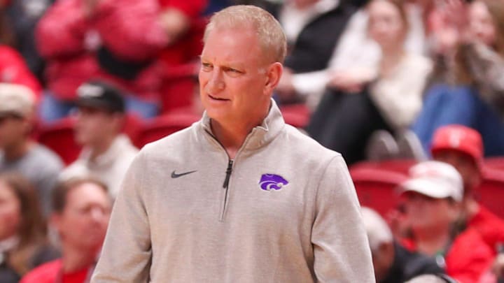Kansas State coach Jeff Mittie looks on during a Big 12 Conference women's basketball game, Saturday, Jan. 17, 2026, in United Supermarkets Arena.
