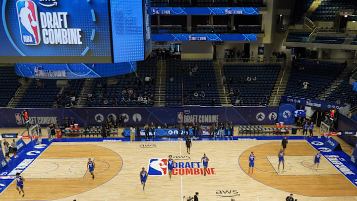 May 11, 2026; Chicago, IL, USA; Players participate in the 2026 NBA Draft Combine at Wintrust Arena. Mandatory Credit: David Banks-Imagn Images