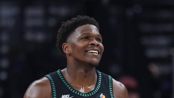 Nov 10, 2025; Salt Lake City, Utah, USA; Minnesota Timberwolves guard Anthony Edwards (5) reacts to a play against the Utah Jazz during the second half at Delta Center. Mandatory Credit: Rob Gray-Imagn Images