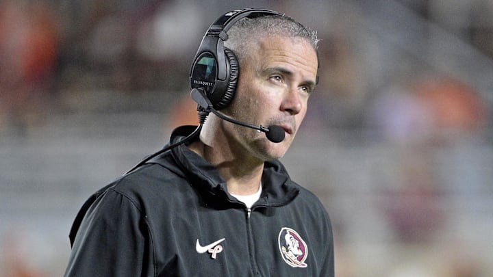 Oct 5, 2024; Tallahassee, Florida, USA; Florida State Seminoles head coach Mike Norvell looks on during the second half against the Clemson Tigers at Doak S. Campbell Stadium. Mandatory Credit: Melina Myers-Imagn Images