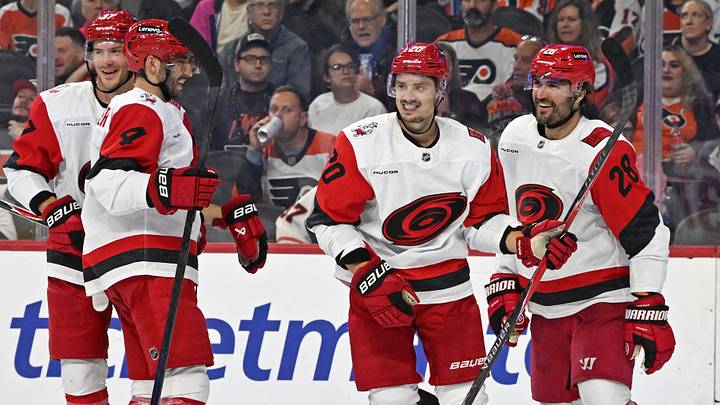 Oct 11, 2026; Philadelphia, Pennsylvania, USA; Carolina Hurricanes center Sebastian Aho (20) celebrates his goal with teammates against the Philadelphia Flyers during the second period at Xfinity Mobile Arena. Mandatory Credit: Eric Hartline-Imagn Images Oct 11, 2026; Philadelphia, Pennsylvania, USA; Carolina Hurricanes center Sebastian Aho (20) celebrates his goal with teammates against the Philadelphia Flyers during the second period at Xfinity Mobile Arena. Mandatory Credit: Eric Hartline-Imagn Images