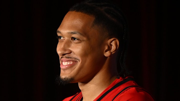 Oct 8, 2025; Charlotte, NC, USA; NC State player Darrion Williams answers questions from the media at The Hilton Charlotte Uptown. Mandatory Credit: William Howard-Imagn Images Oct 8, 2025; Charlotte, NC, USA; NC State player Darrion Williams answers questions from the media at The Hilton Charlotte Uptown. Mandatory Credit: William Howard-Imagn Images