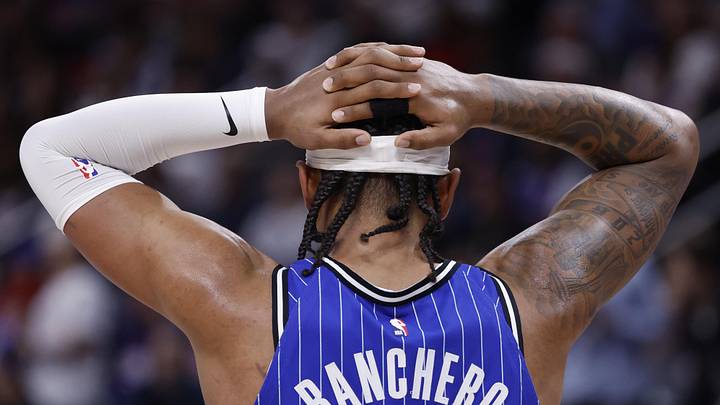 May 3, 2026; Detroit, Michigan, USA; Orlando Magic forward Paolo Banchero (5) reacts in the first half against the Detroit Pistons uring game seven of the first round of the 2026 NBA Playoffs at Little Caesars Arena. Mandatory Credit: Rick Osentoski-Imagn Images