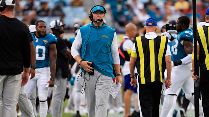 Jacksonville Jaguars head coach Liam Coen walks on the sideline during the first quarter of an NFL preseason matchup at EverBank Stadium, Saturday, Aug. 9, 2025 in Jacksonville, Fla. [Corey Perrine/Florida Times-Union]