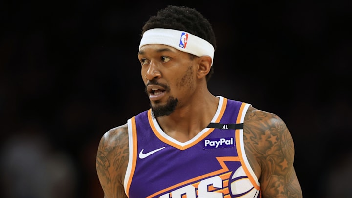 Apr 8, 2025; Phoenix, Arizona, USA; Phoenix Suns guard Bradley Beal (3) reacts during the first half against the Golden State Warriors at Footprint Center. Mandatory Credit: Mark J. Rebilas-Imagn Images