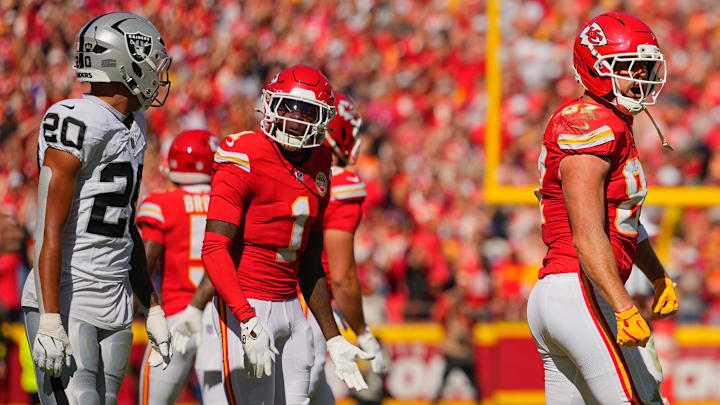 Oct 19, 2025; Kansas City, Missouri, USA; Kansas City Chiefs tight end Travis Kelce (87) celebrates after a play against the Las Vegas Raiders during the first quarter of the game at GEHA Field at Arrowhead Stadium. Mandatory Credit: Jay Biggerstaff-Imagn Images Oct 19, 2025; Kansas City, Missouri, USA; Kansas City Chiefs tight end Travis Kelce (87) celebrates after a play against the Las Vegas Raiders during the first quarter of the game at GEHA Field at Arrowhead Stadium. Mandatory Credit: Jay Biggerstaff-Imagn Images