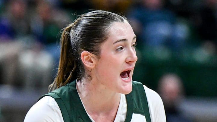 Michigan State's Grace VanSlooten, left, talks with her teammates during the fourth quarter in the game against Northwestern on Wednesday, Feb. 18, 2026, at the Breslin Center in East Lansing. Michigan State's Grace VanSlooten, left, talks with her teammates during the fourth quarter in the game against Northwestern on Wednesday, Feb. 18, 2026, at the Breslin Center in East Lansing.