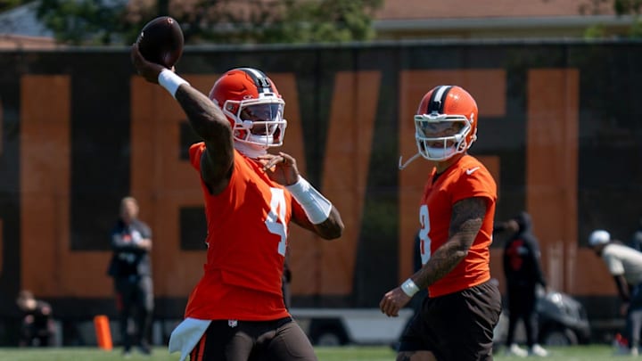 Quarterbacks Deshaun Watson and Dillon Gabriel practice together at the Browns mini camp in Berea on April 21, 2026.